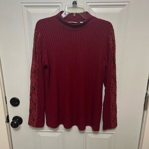 Susan Graver Burgundy Long Sleeve Top with Lace Detail